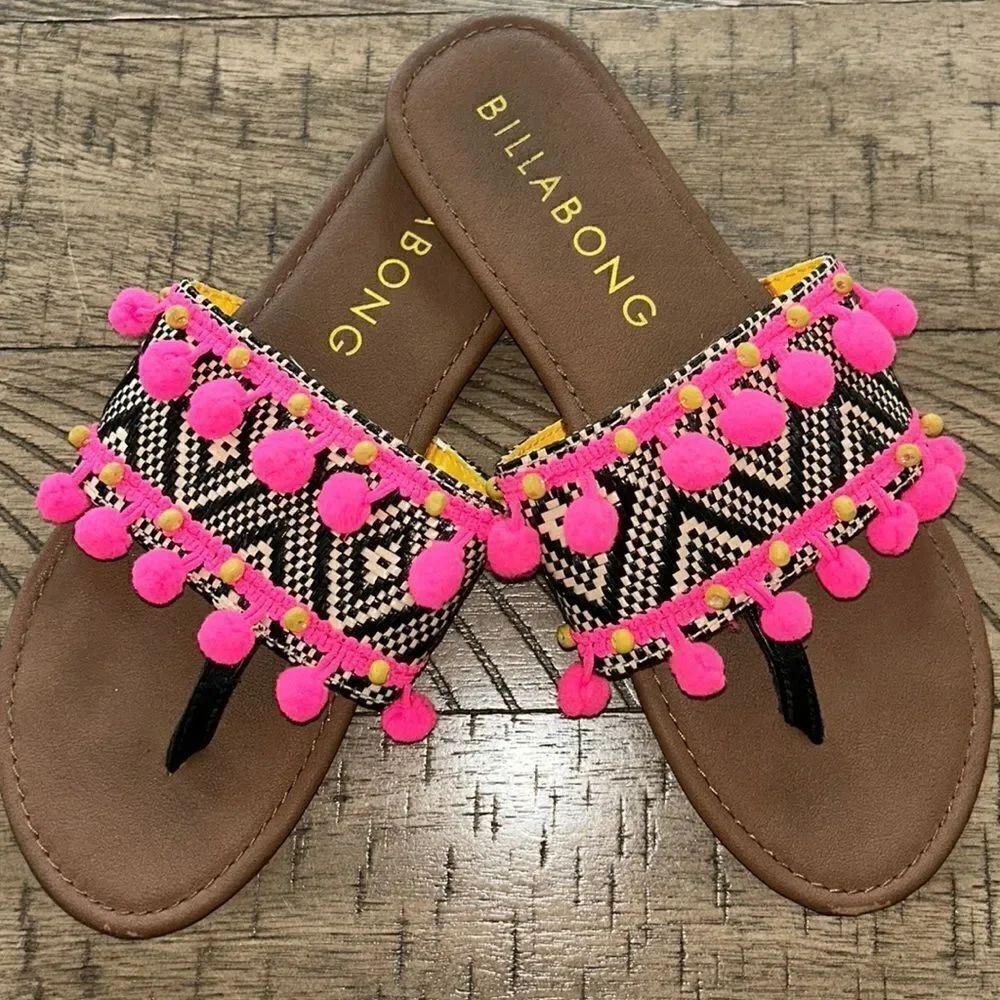 Billabong 🌴 Pom Pom Flamingo 🦩 Pink Sandals 🩴 Grip Slides Beach 🏖️ vacay✈️